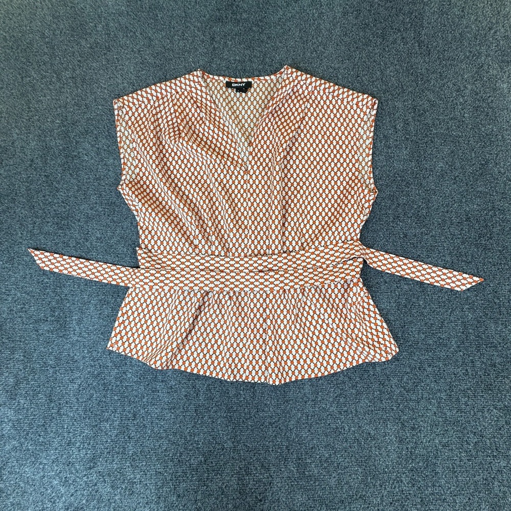 DKNY Top Womens Medium Orange White Geometric Tie Waist V-Neck Sleeveless Casual